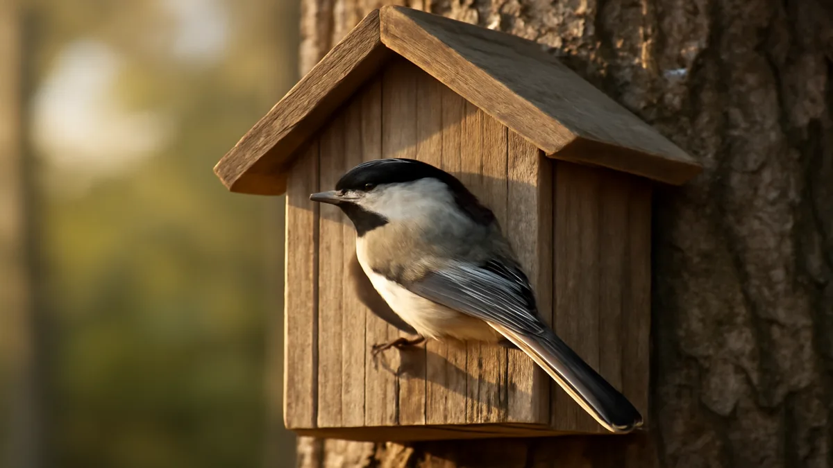 Bluebird at birdhouse entrance detail