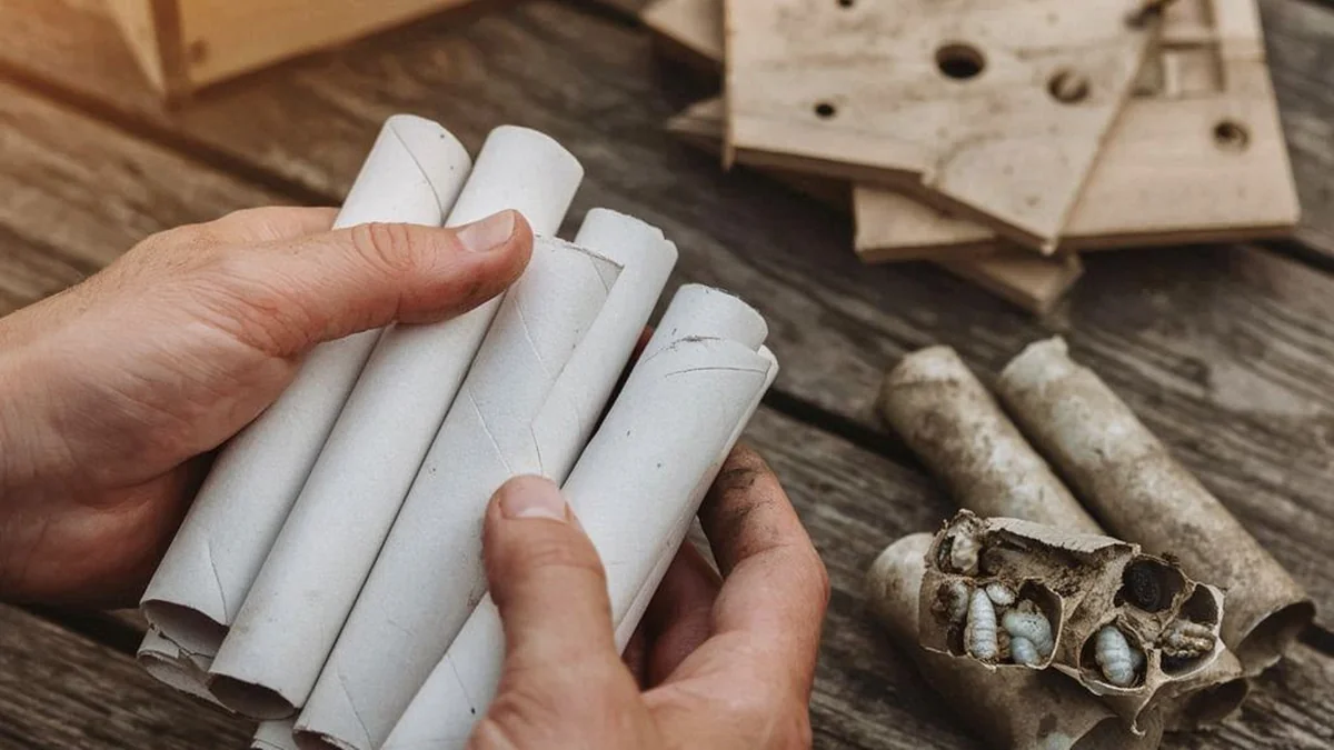 Cleaning a mason bee house with removable cardboard tubes