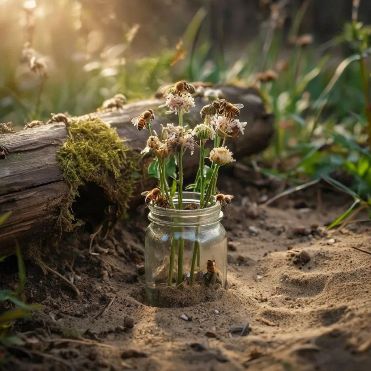A natural backyard bee habitat with standing cut flower stems and a fallen log