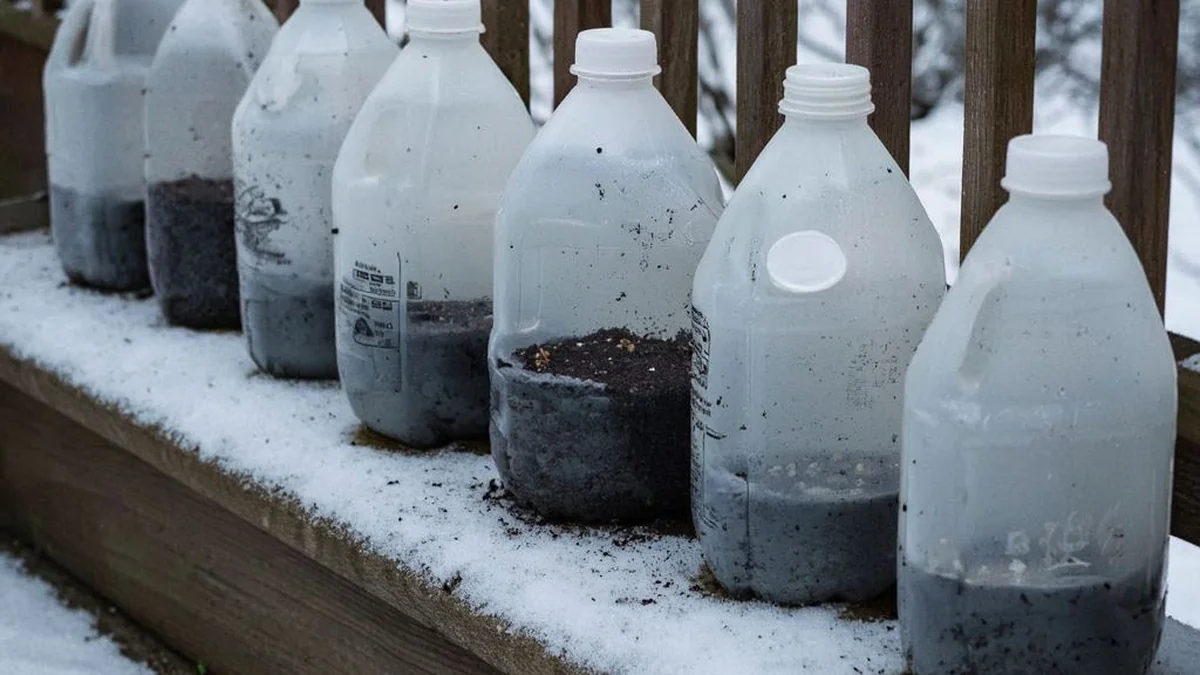 Milk jugs repurposed as winter-sowing greenhouses on a covered porch