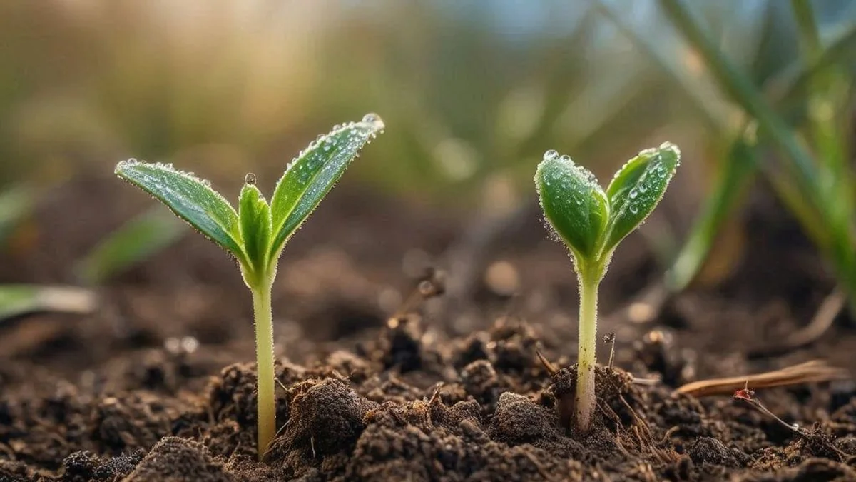 Young native plant seedlings emerging from bare soil in early spring