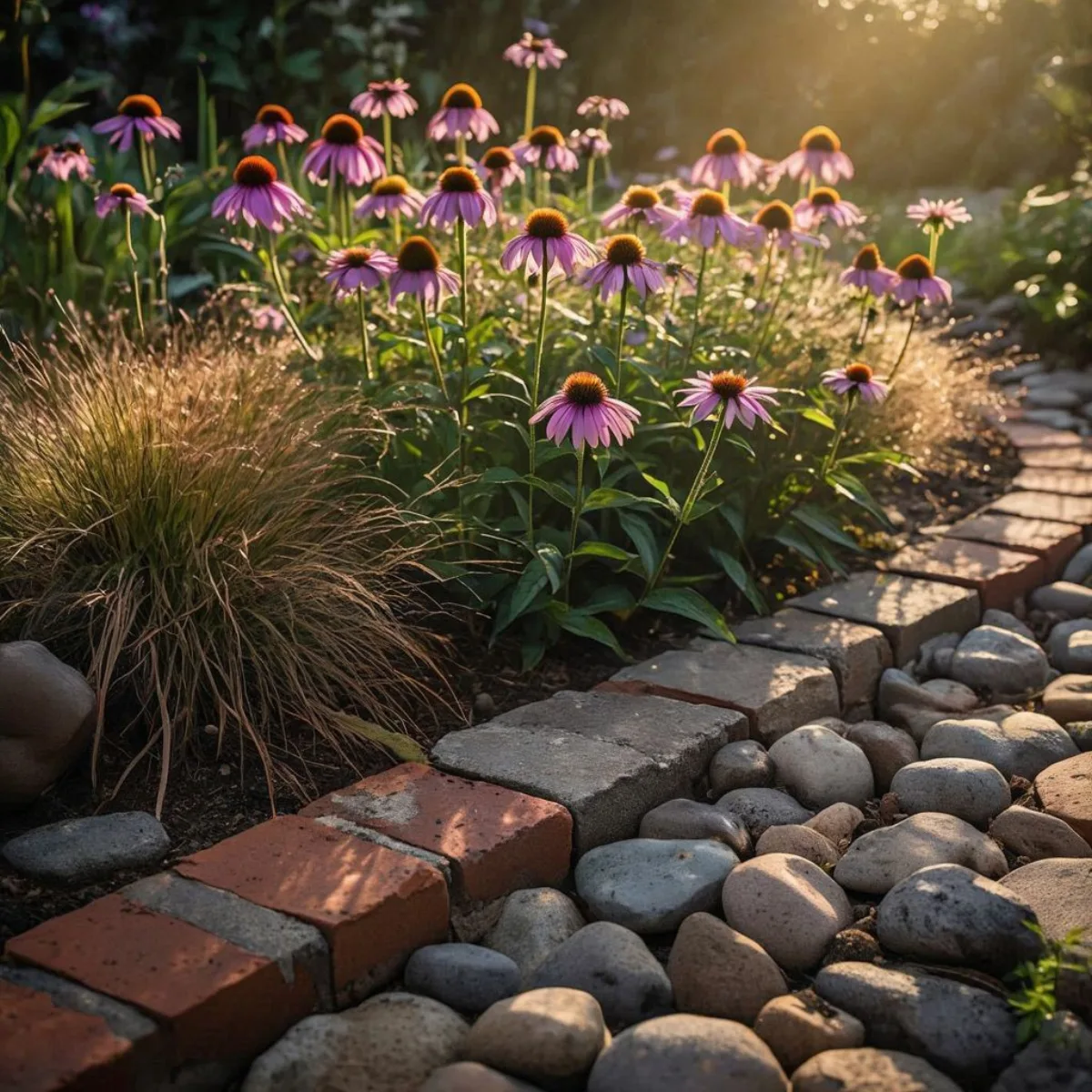 Brick and flagstone border edge defining a native plant bed