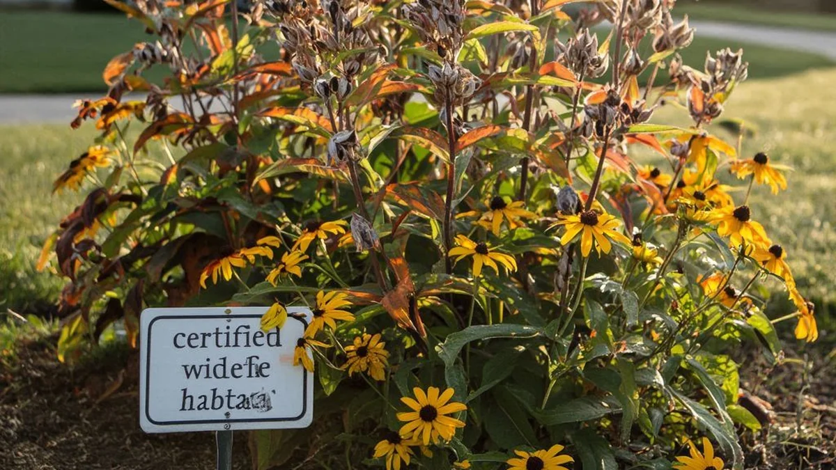A Certified Wildlife Habitat yard sign placed in front of a native pollinator garden