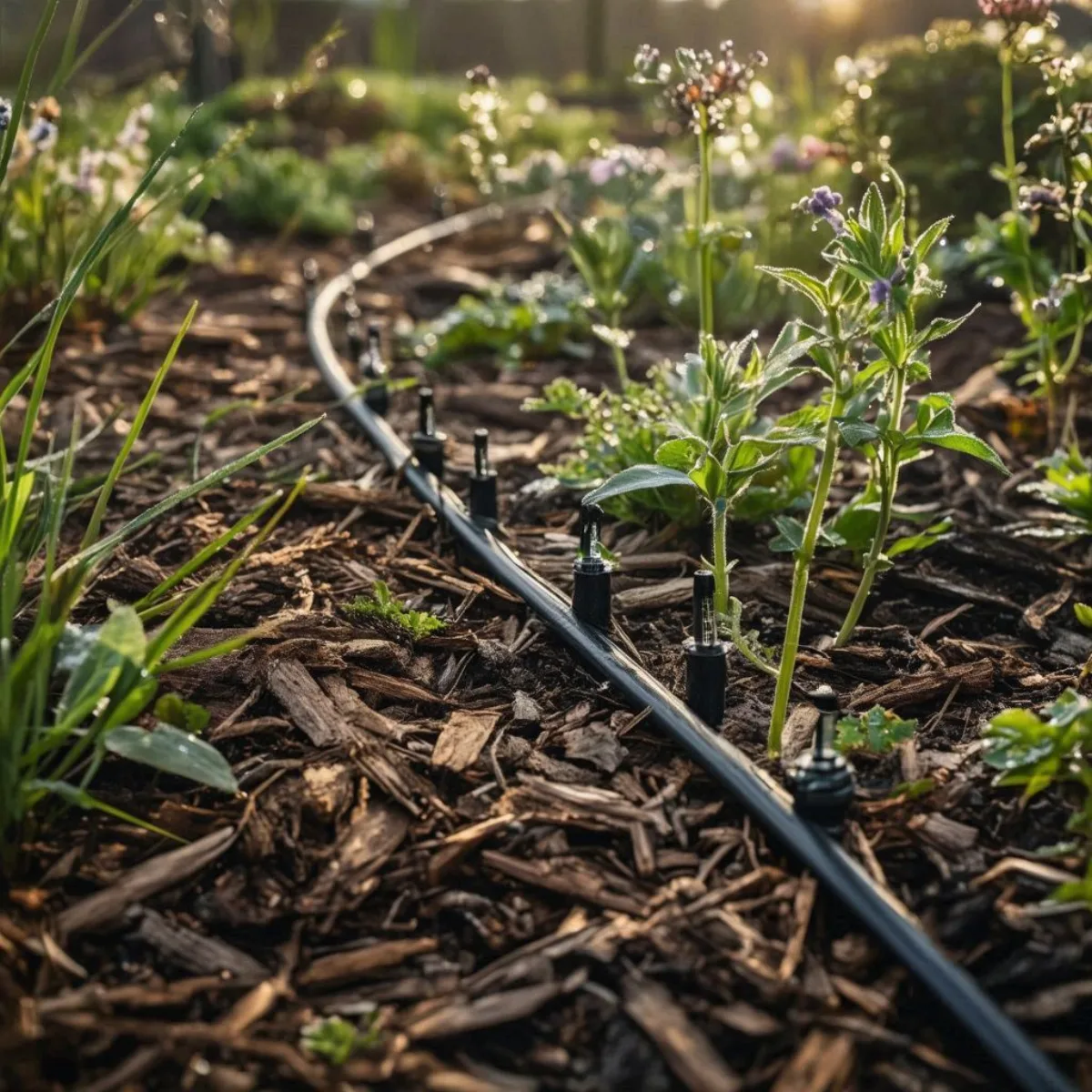 Drip irrigation line installed along a row of young native plant plugs