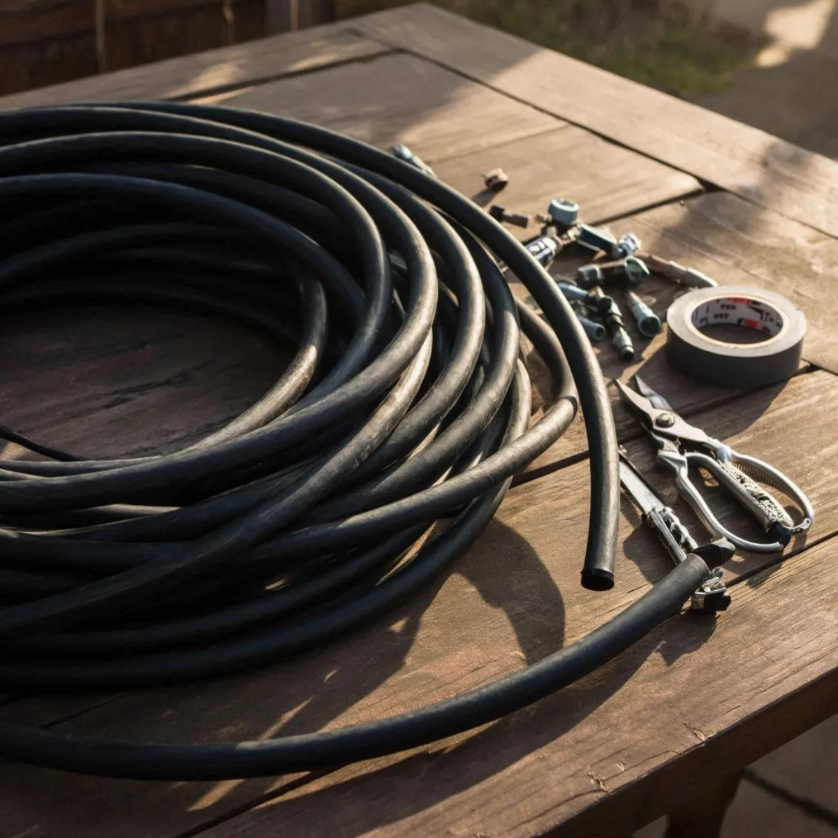 Coil of black polyethylene drip irrigation tubing with a hairdryer nearby for softening