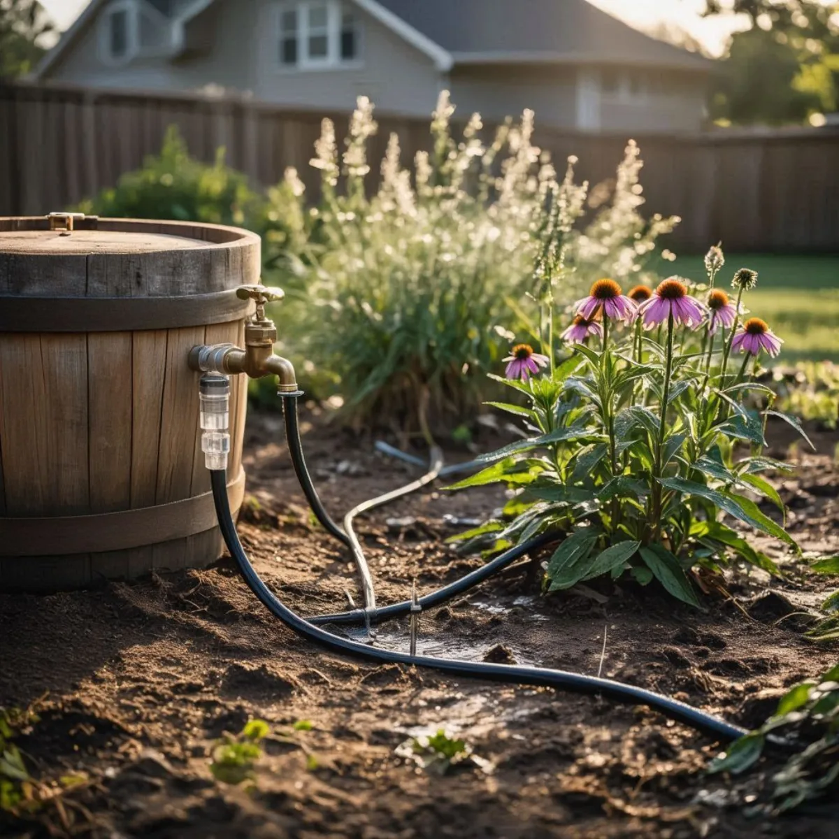 Rain barrel gravity-feeding a drip irrigation line in a suburban backyard