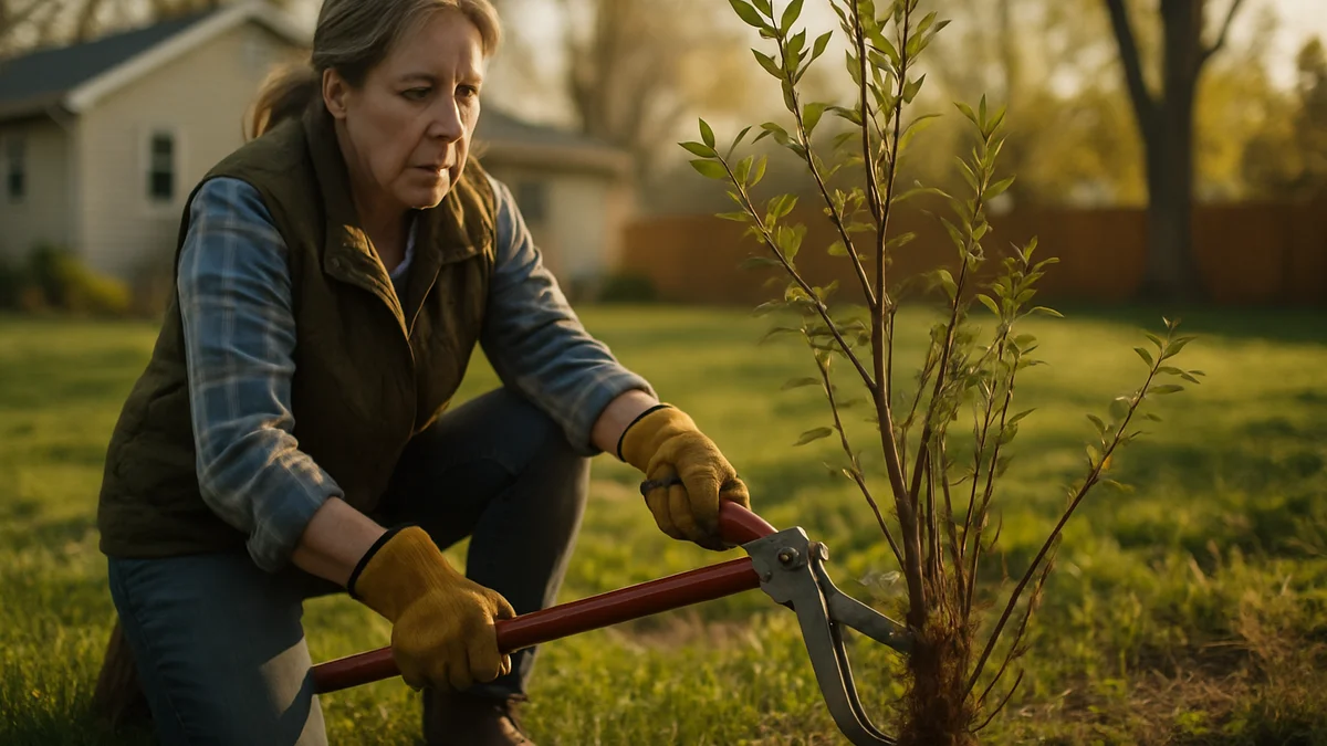 Gardener in leather gloves using weed wrench to remove buckthorn from backyard