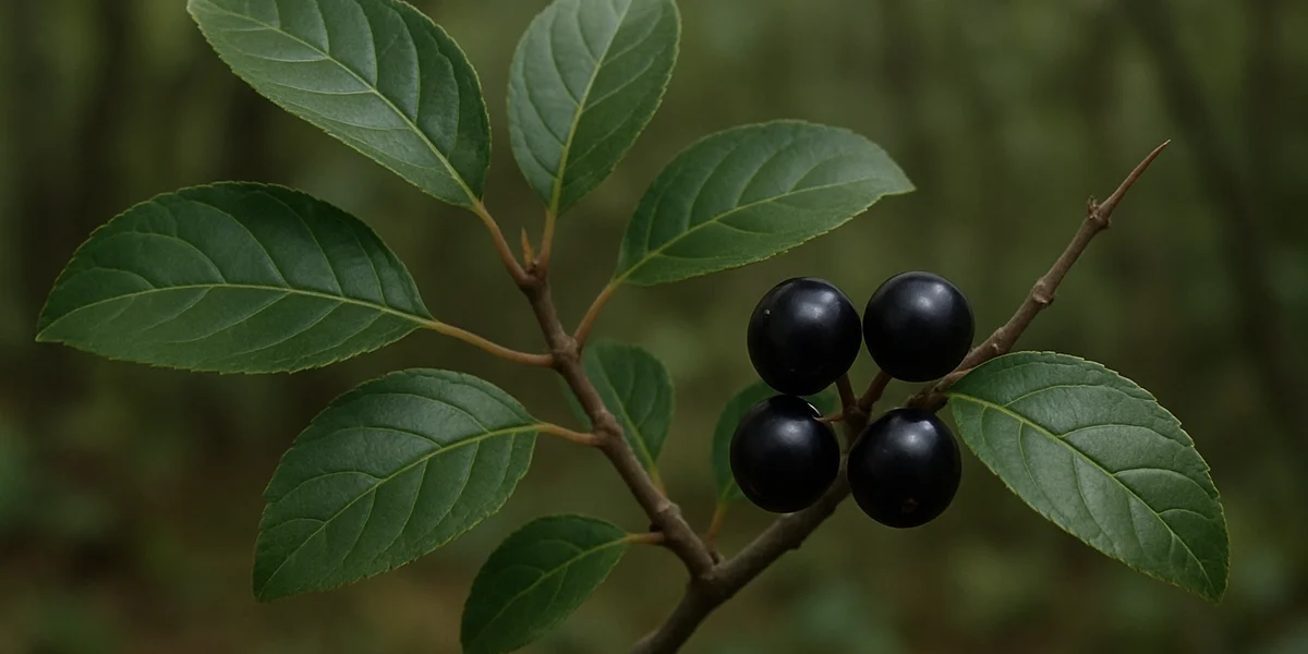 Close-up of common buckthorn shrub showing glossy toothed leaves and shiny black berry clusters