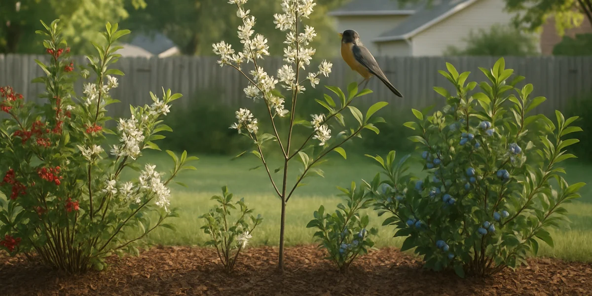 Backyard garden bed planted with serviceberry red chokeberry and highbush blueberry native shrubs
