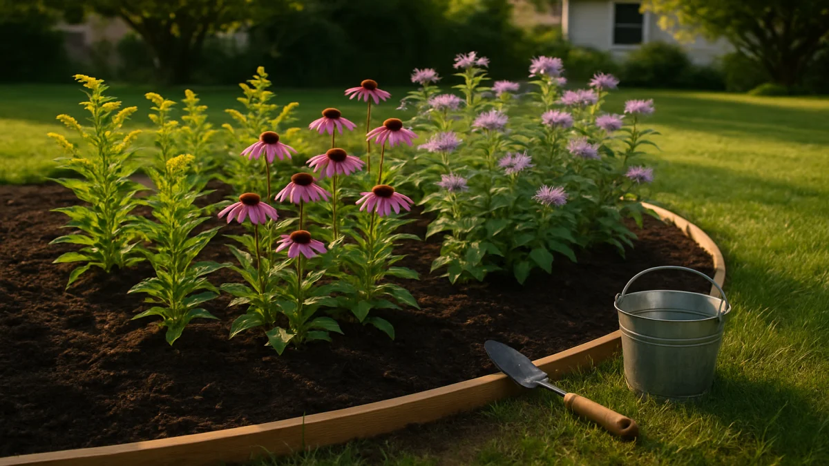 Native plant garden bed with rescued goldenrod, coneflower, and wild bergamot recently transplanted into mulched soil