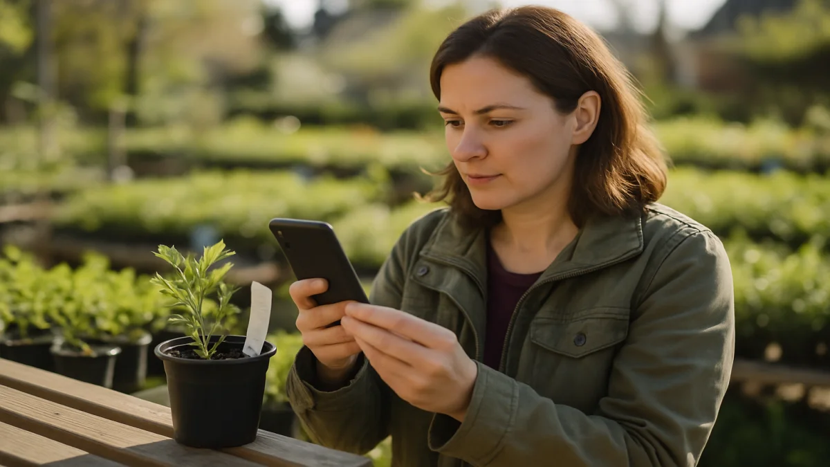 Gardener checking a native plant tag against a county map on her phone