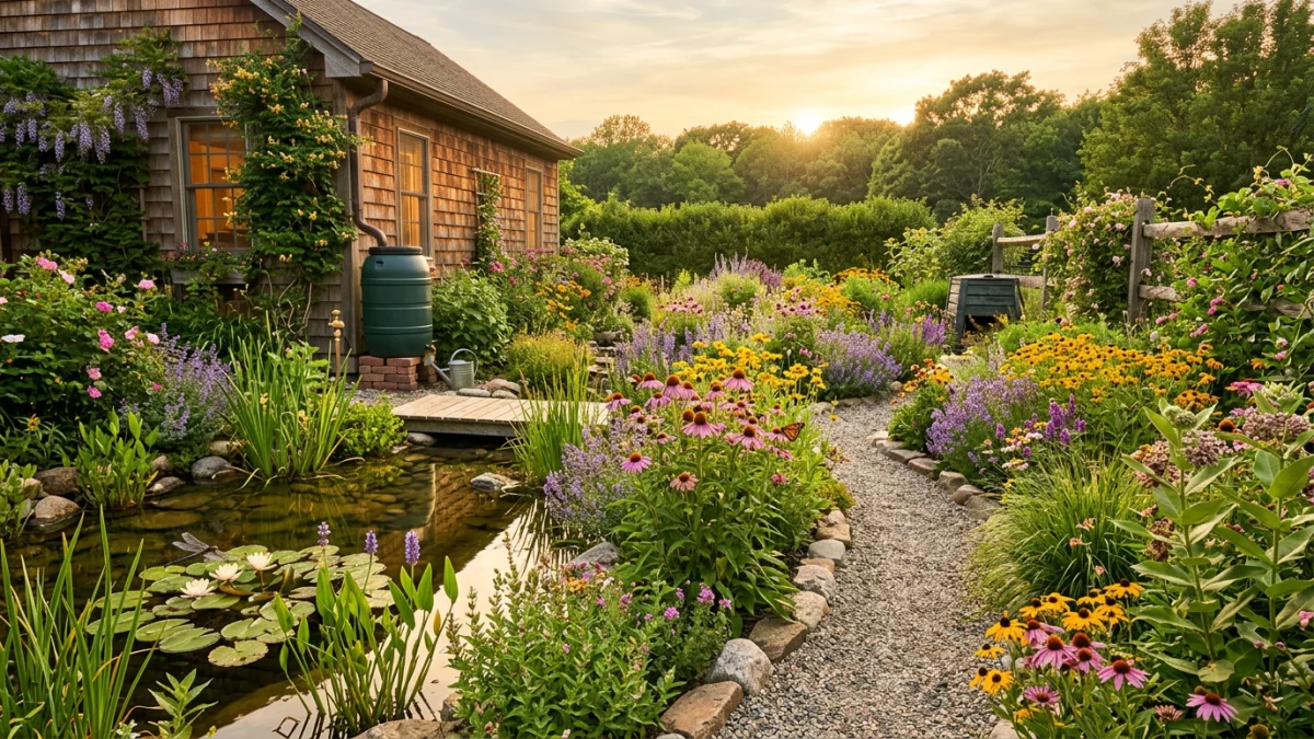 Lush backyard pollinator garden with wildlife pond and rain barrel at golden hour