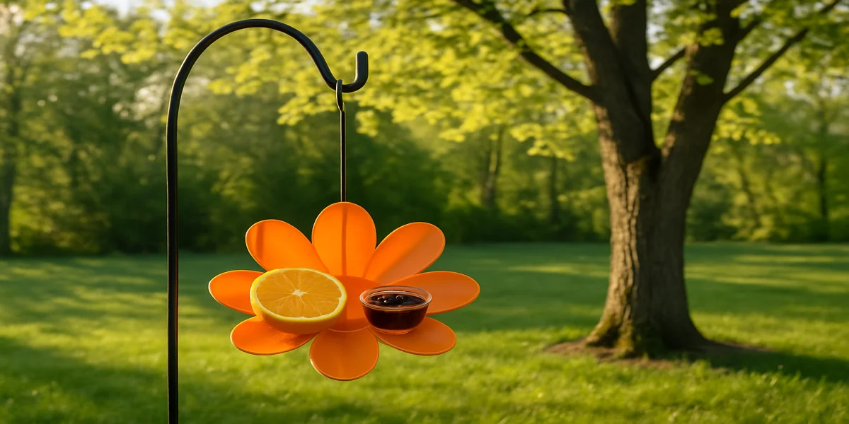 Flower-shaped oriole jelly feeder hanging in a spring backyard near a maple tree