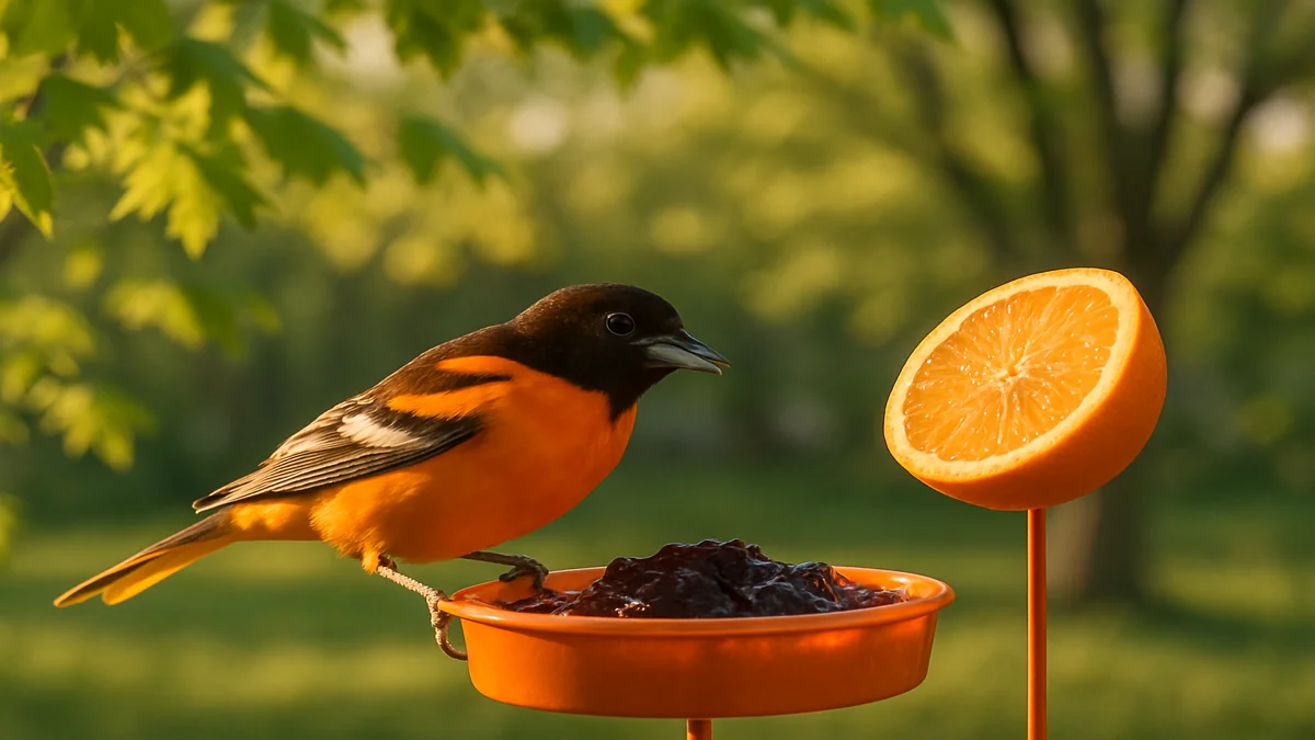 Male Baltimore Oriole eating grape jelly at a backyard feeder in April