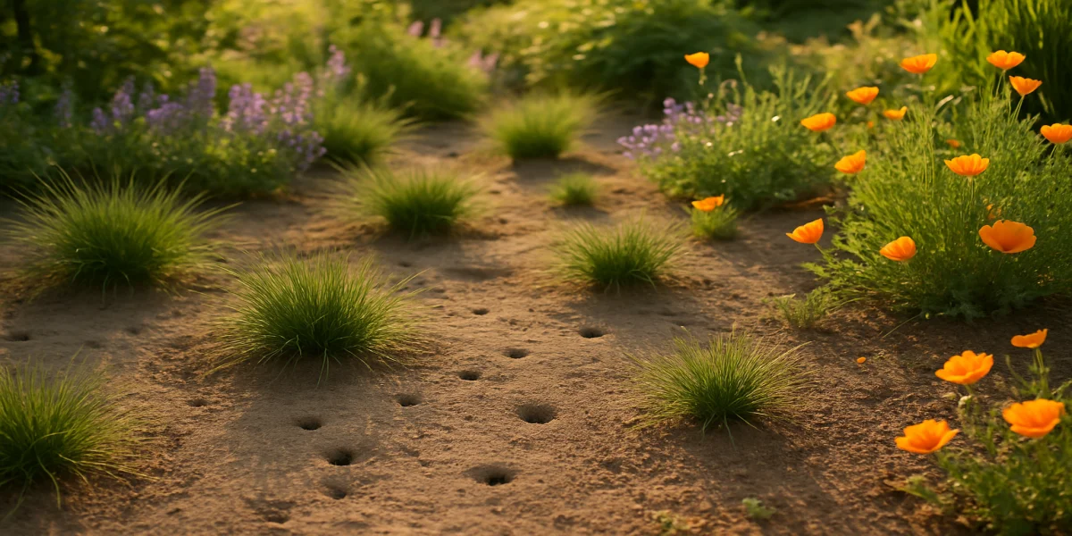 Sunny garden border showing bare soil patches between bunchgrass clumps where ground nesting bees nest