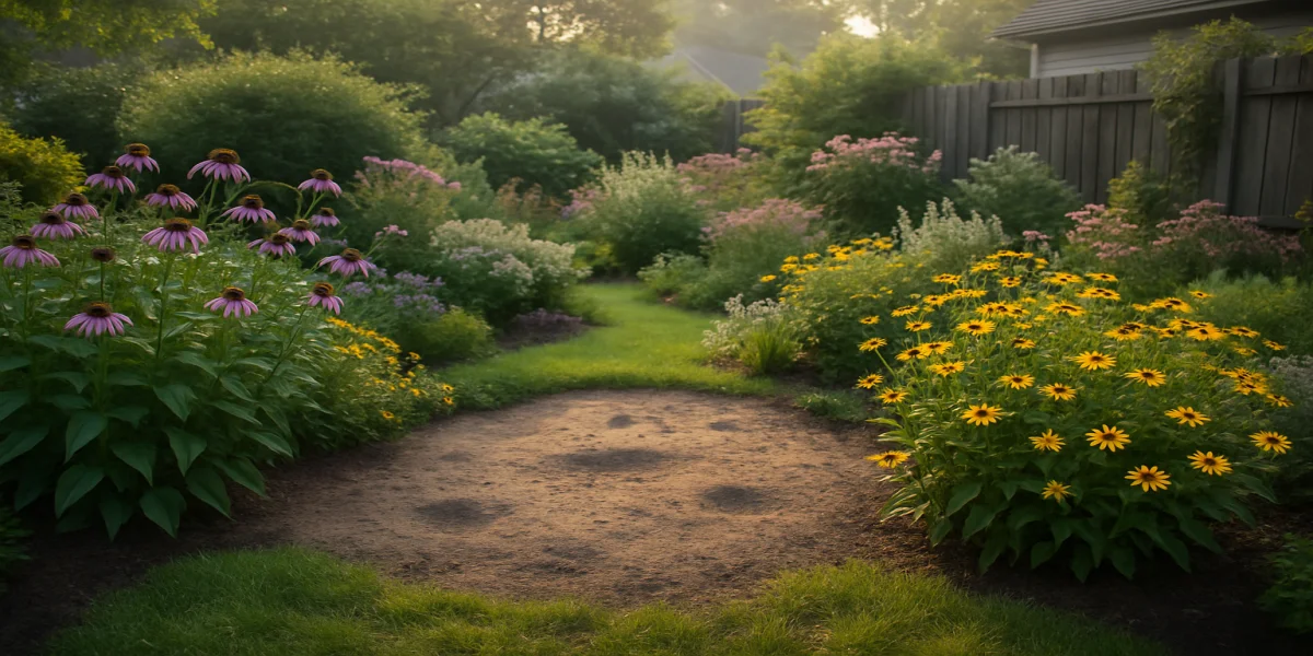 Suburban backyard garden with dedicated bare soil patch surrounded by blooming native flowers for ground nesting bees