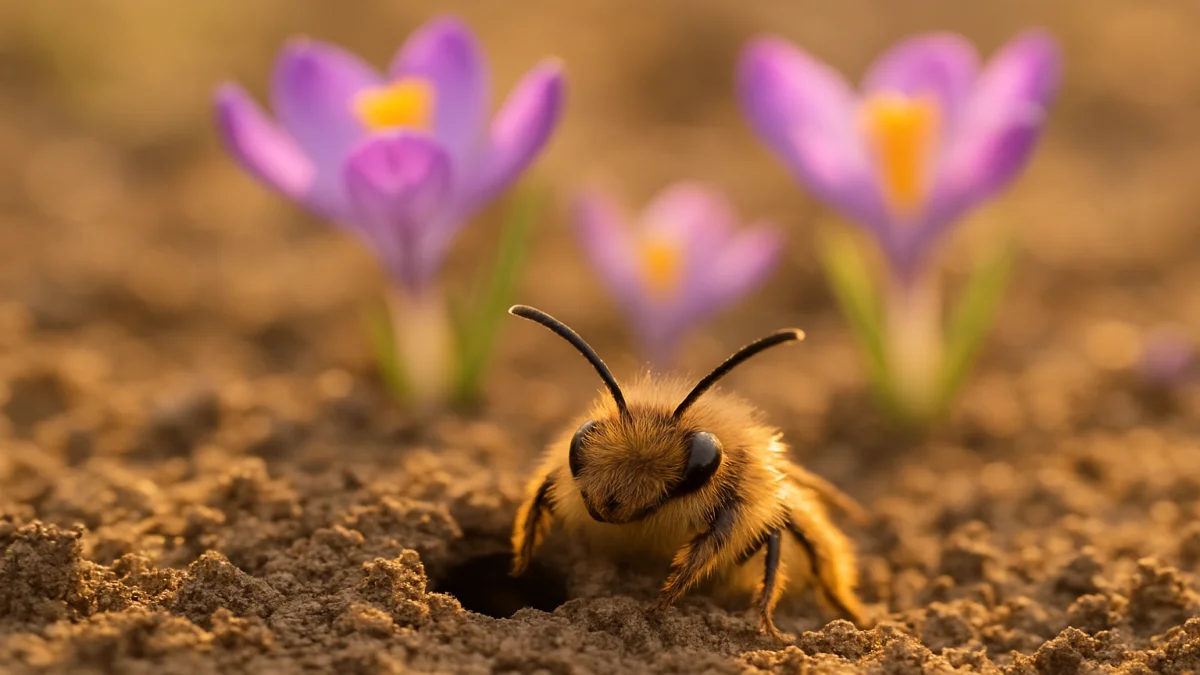 Ground nesting bee Andrena emerging from soil tunnel with spring crocuses in background