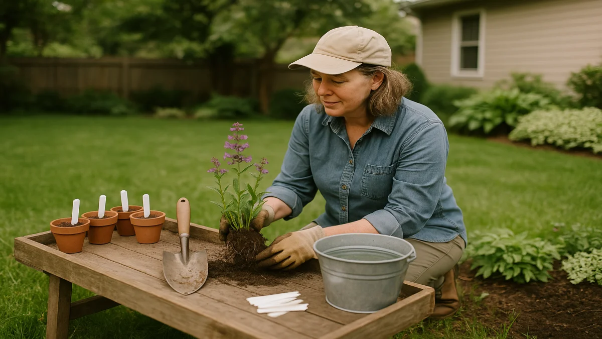 Backyard gardener kneeling beside a freshly divided native penstemon clump with labeled terracotta pots