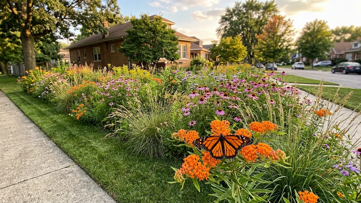 Suburban native pollinator garden with monarch butterfly on butterfly milkweed, clean sidewalk strip, zone 5b Chicago