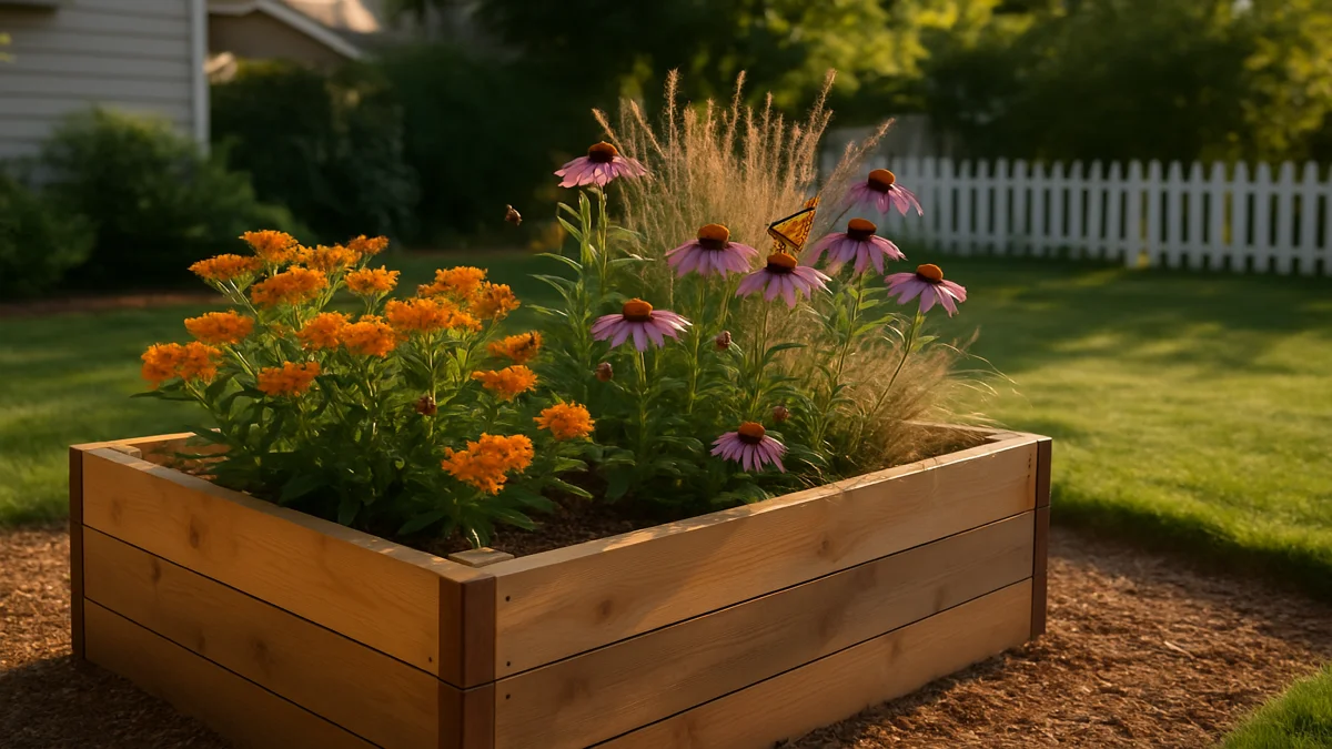 Waist-high cedar raised bed planted with butterfly weed, purple coneflower, and little bluestem in a sunlit suburban backyard