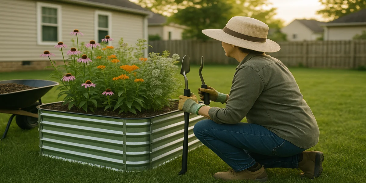 A gardener kneeling beside a waist-high raised pollinator bed with long-handled tools resting against the side