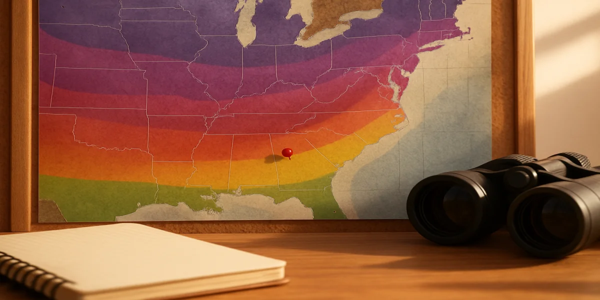 Planning a hummingbird migration map with notebook and binoculars