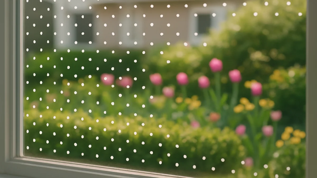 Suburban home window treated with a uniform grid of small anti-collision dots on the exterior glass