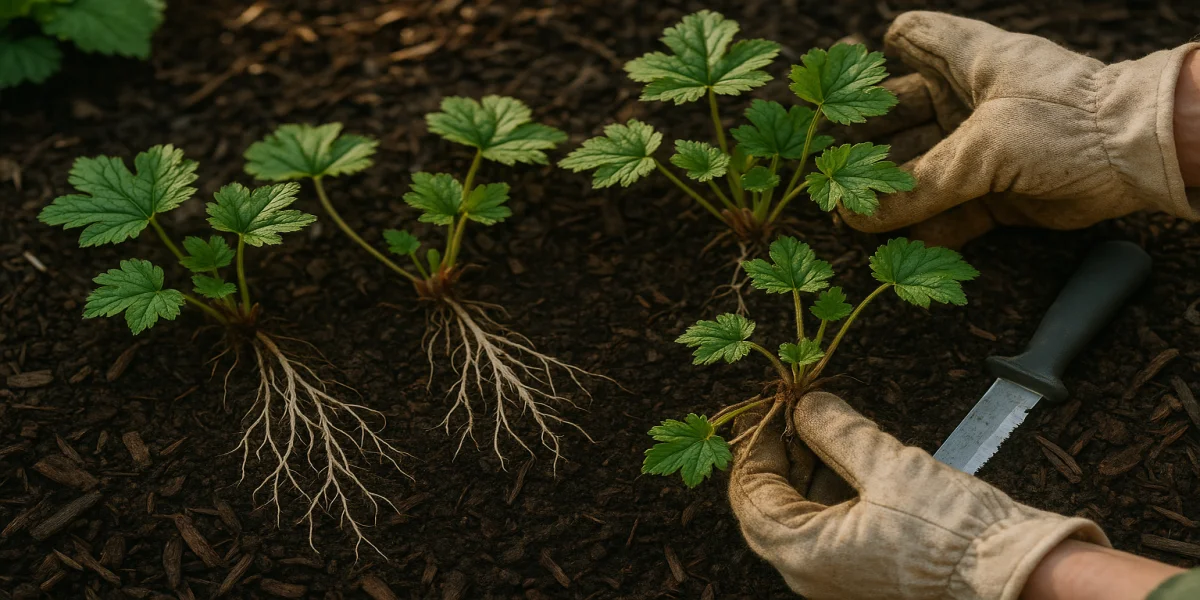 Close-up of a foamflower clump split into four root divisions on mulch with a soil knife