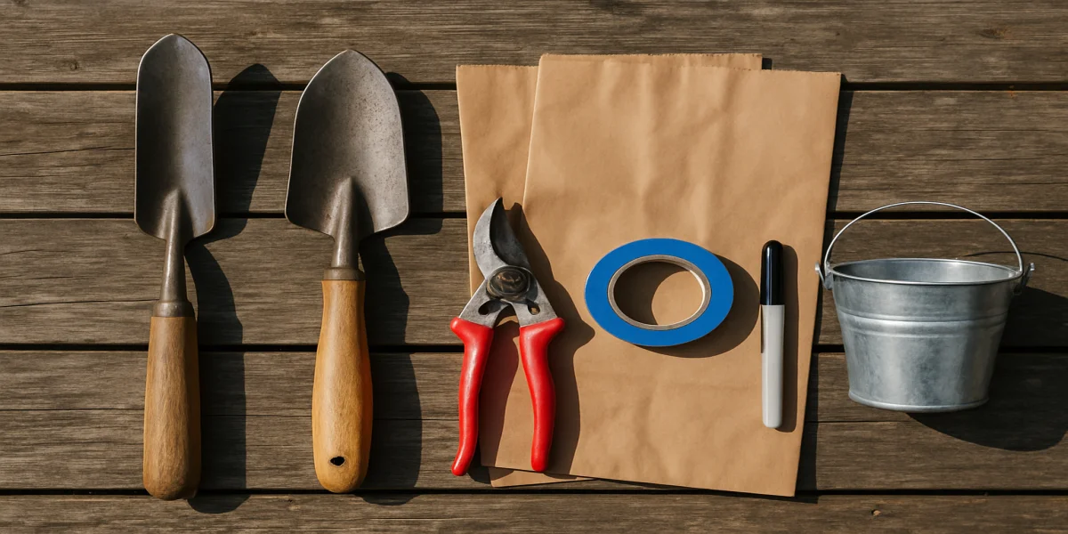 Native plant rescue toolkit including transplanting spade, hand trowel, pruners, doubled paper bags, blue painters tape, and water bucket laid out on weathered wood