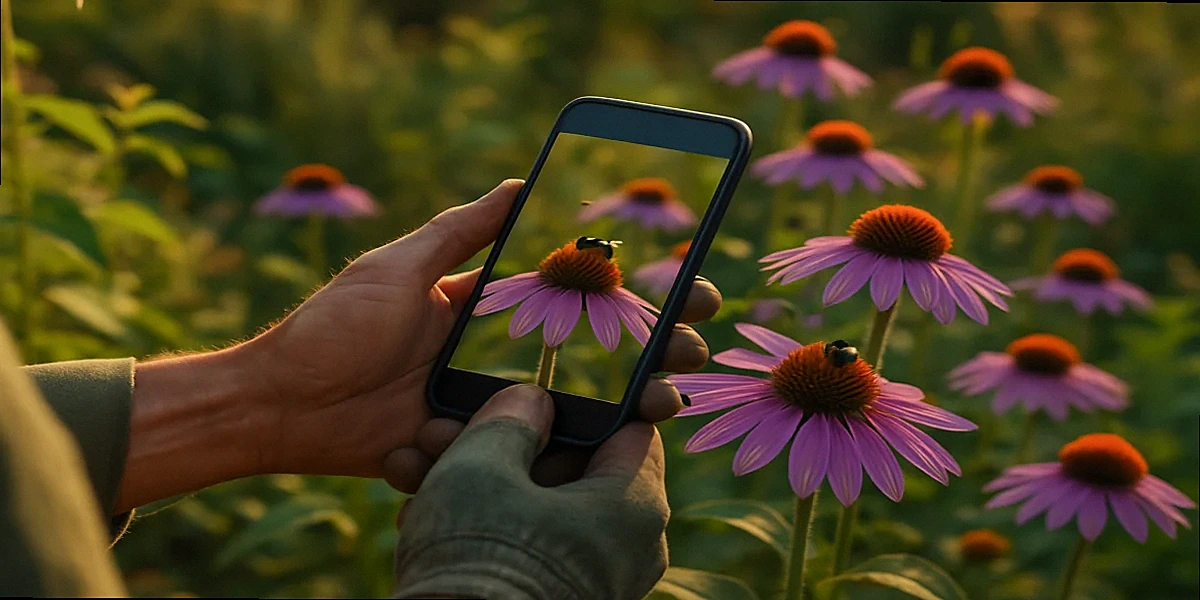 Gardener photographing native coneflowers with bumblebee on smartphone