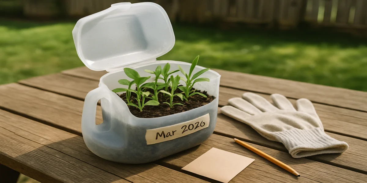 Recycled milk jug used for winter sowing native seeds with seedlings emerging