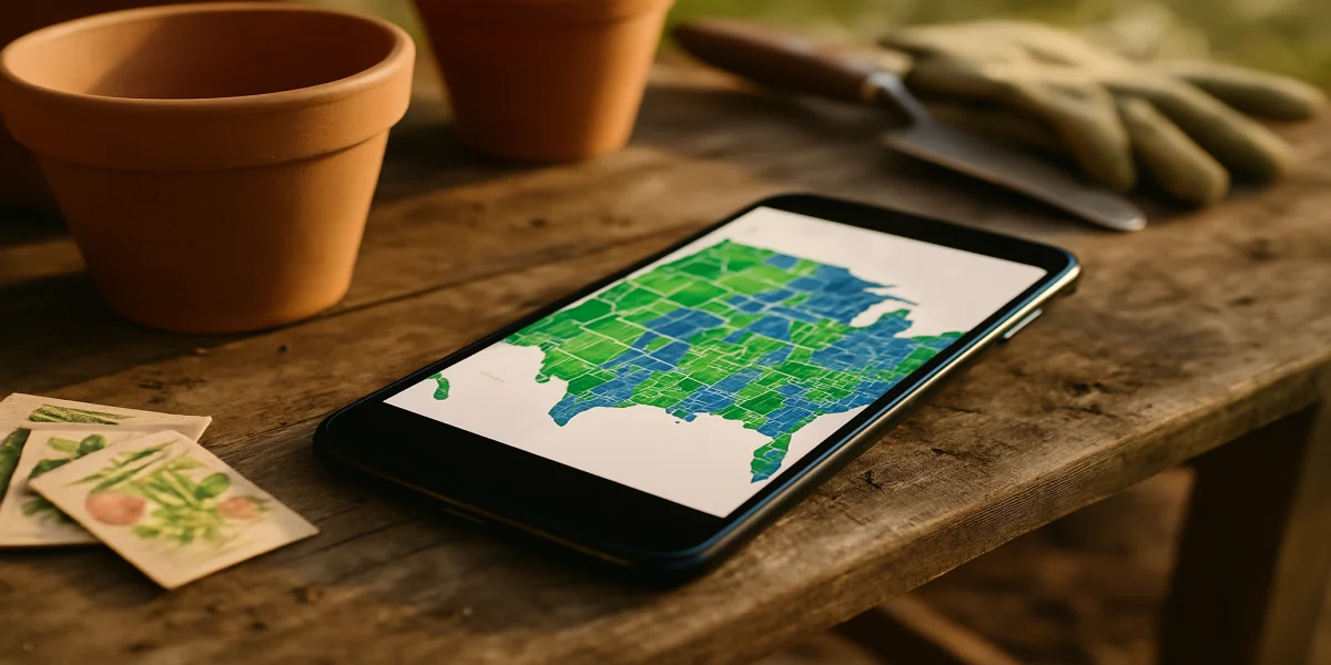 Smartphone on a potting bench showing a color-coded county-level US plant range map