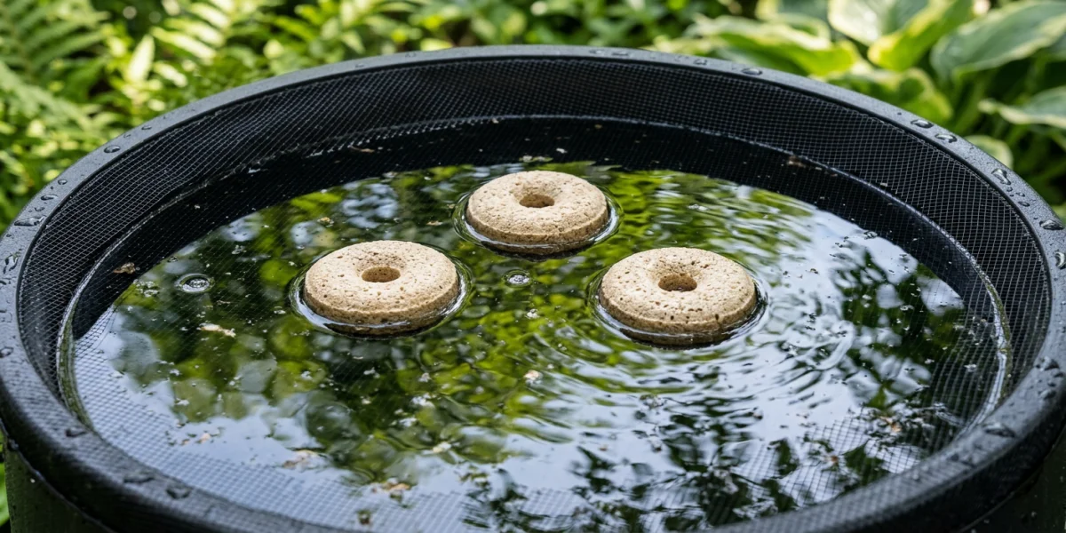Mosquito dunks floating in a rain barrel beside a pollinator garden