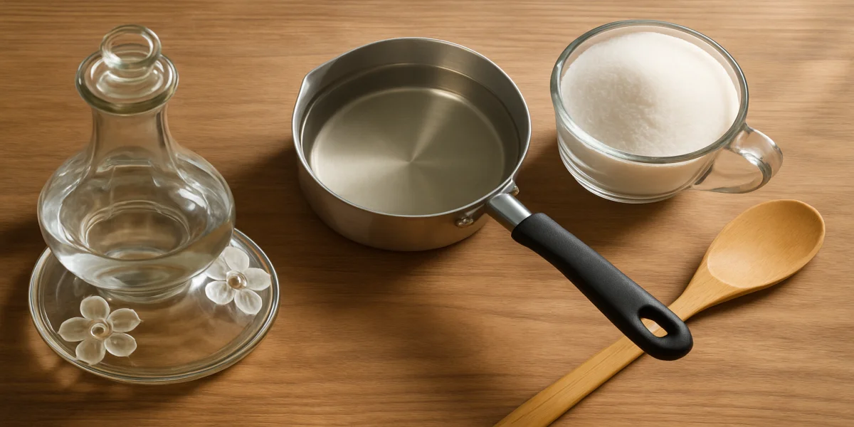Homemade hummingbird nectar preparation with sugar and water on a wooden counter