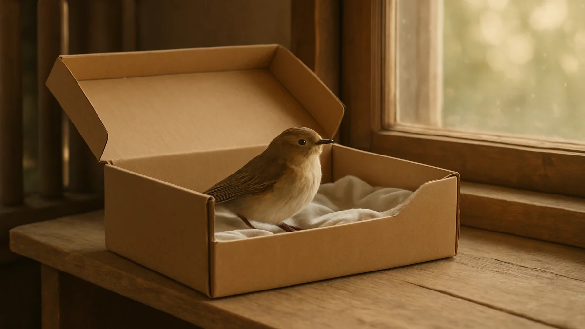 Cardboard shoebox resting on a wooden porch shelf with a small songbird sitting calmly inside on a soft cloth recovering from a window strike