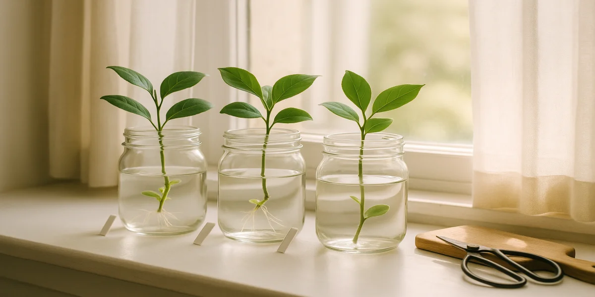 Three mason jars on a sunny windowsill with native plant cuttings rooting in water