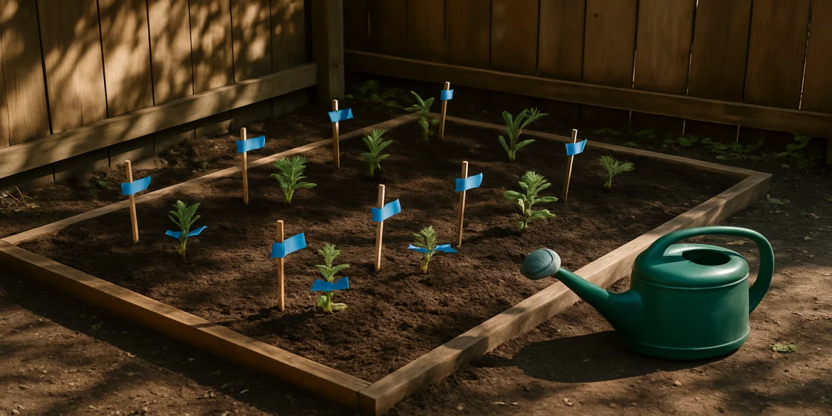 Small backyard holding bed in dappled shade with rescued native seedlings labeled with blue painters tape and a green watering can at the edge