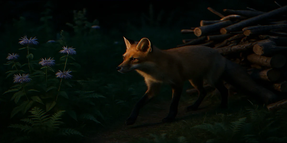 Red fox walking near brush pile in native garden at night