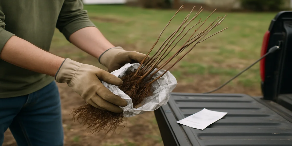 Hands holding a bundle of bare-root native shrub seedlings from a conservation district sale