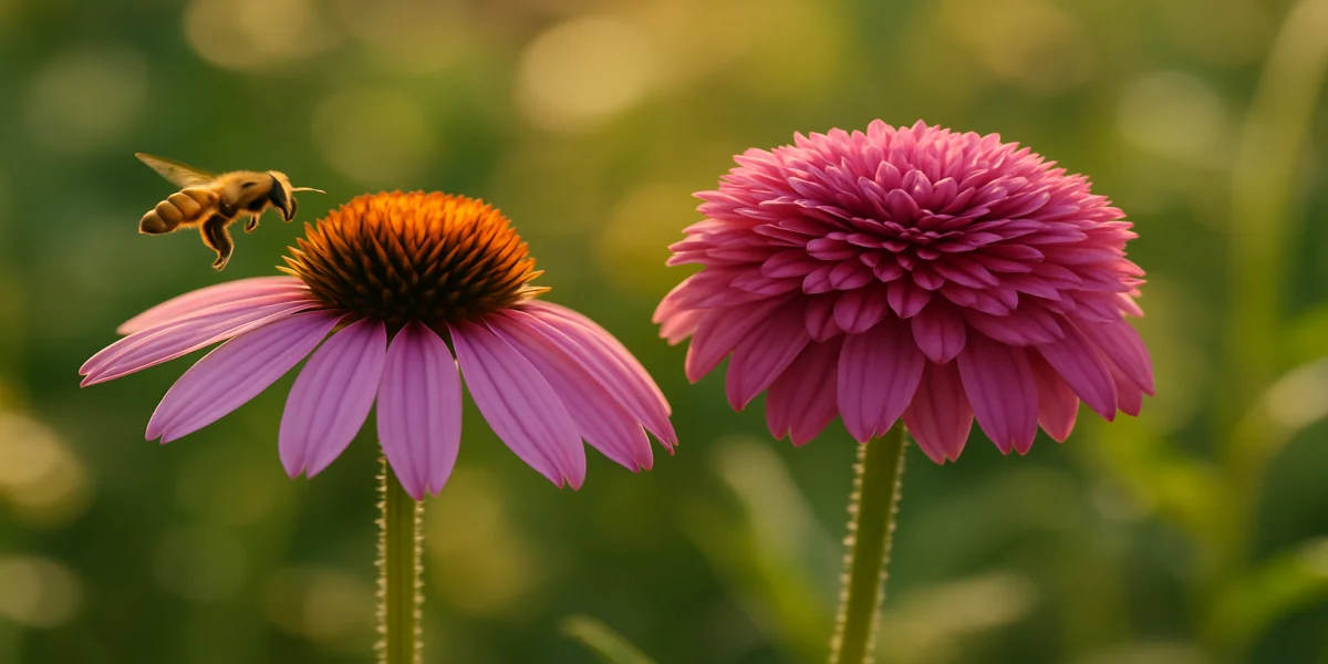 Single-petal wild coneflower beside a double-flowered cultivar with a bee approaching the wild form