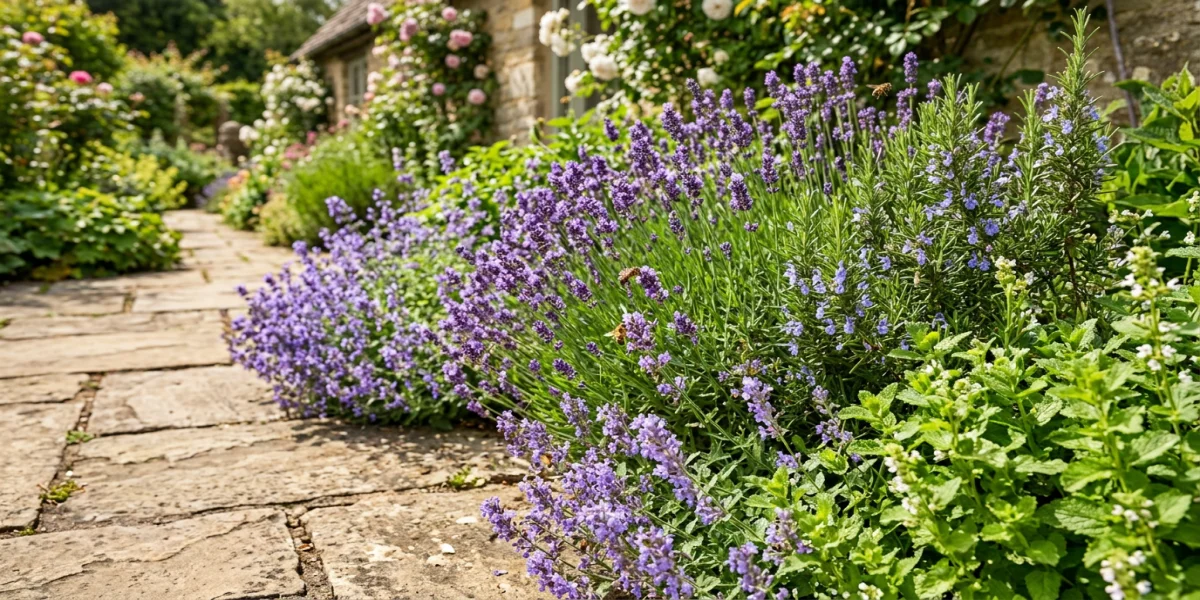 A stone patio border planted with rosemary, lemon balm, and catmint — beautiful but not mosquito-repelling on its own