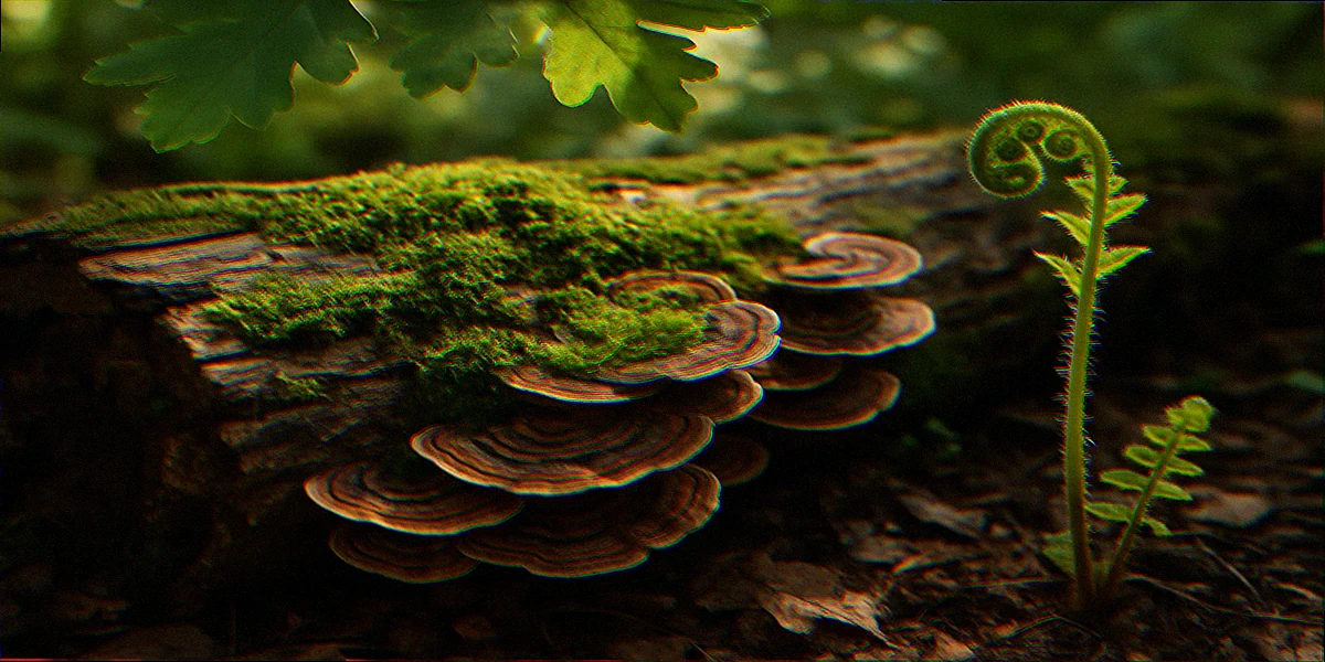 Mossy rotting hardwood log with bracket fungi on native garden floor