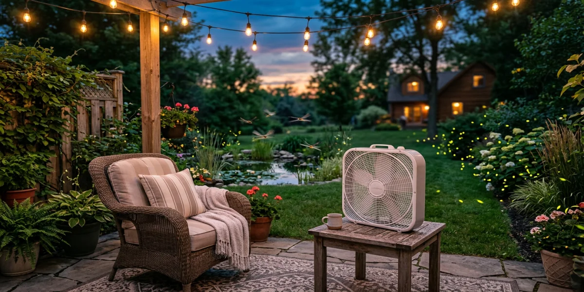 Evening backyard with mosquito dunks in a small pond, dragonflies, and a patio fan running — the wildlife-safe mosquito setup in practice