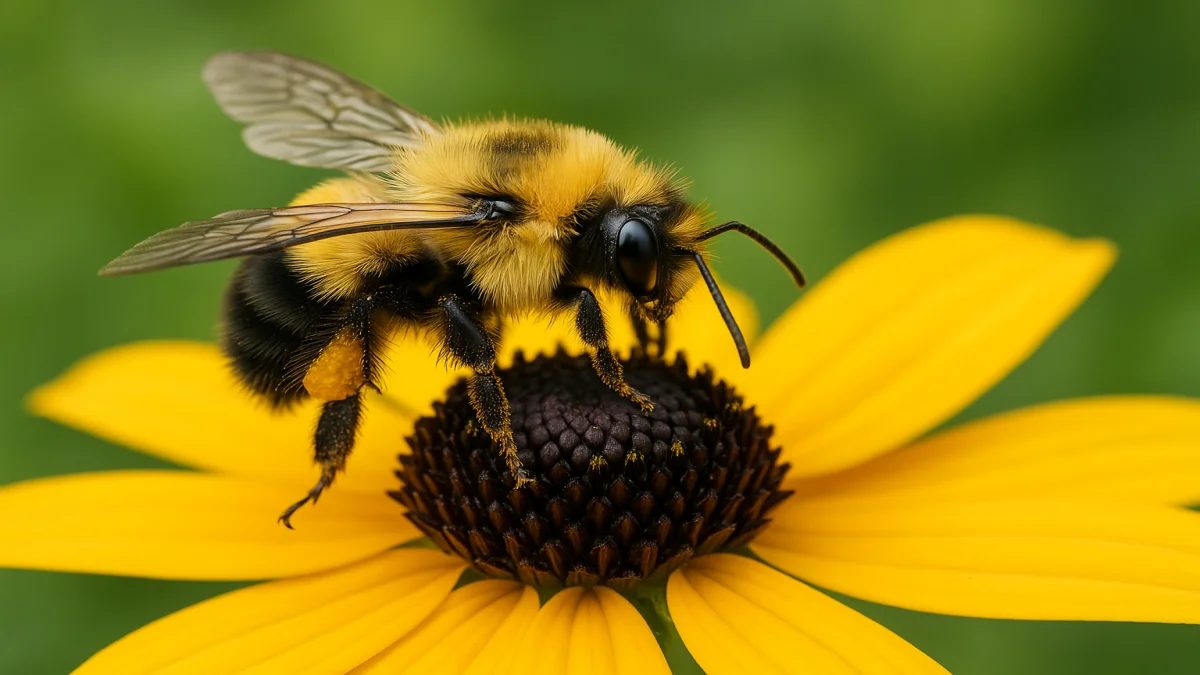 Close-up of bumble bee collecting pollen from a Rudbeckia Goldsturm black-eyed susan flower