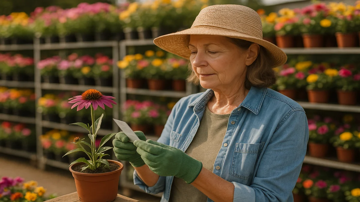 Older woman gardener examining a plant tag on a potted perennial at a garden center nursery