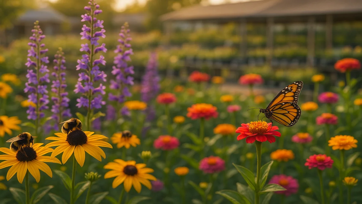 Vibrant pollinator garden with black-eyed susans zinnias and bumble bees in golden hour light