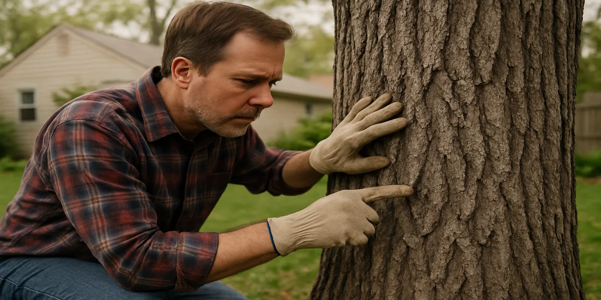 Homeowner inspecting a tree trunk for spotted lanternfly nymphs in an early spring yard