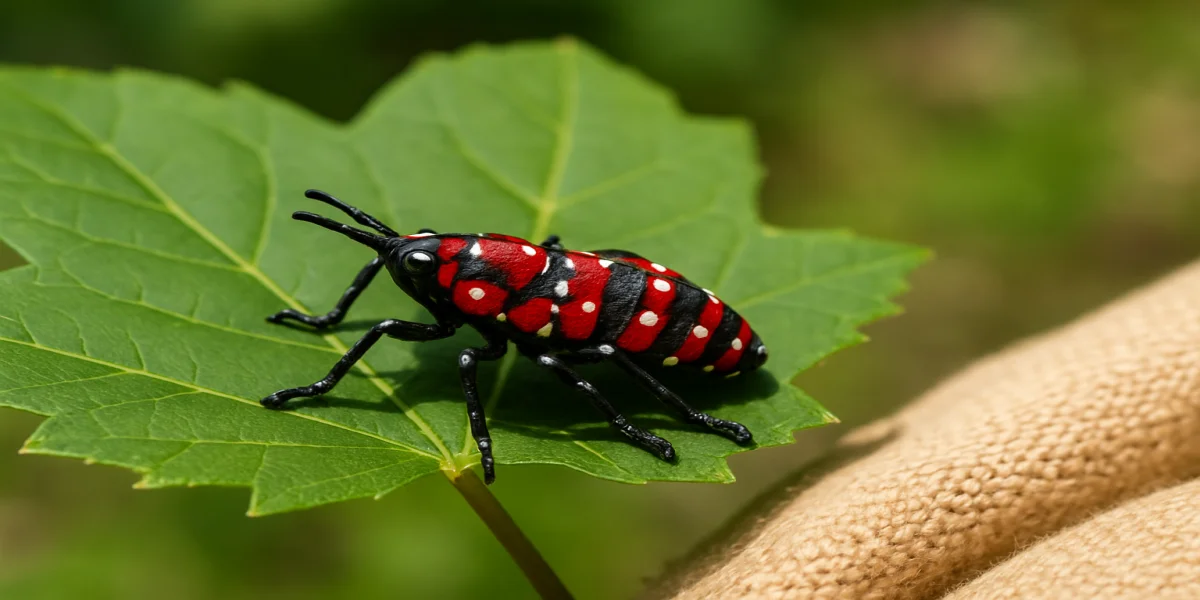 Closeup of a spotted lanternfly nymph on a leaf with a garden glove nearby