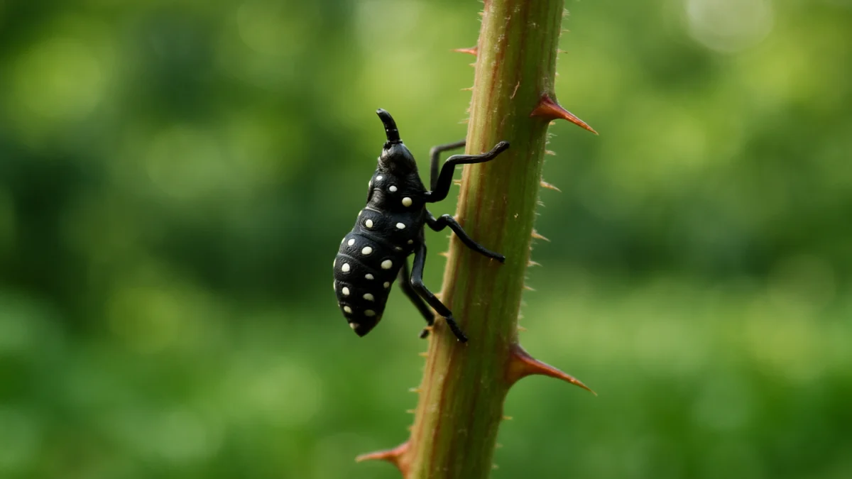 First-instar spotted lanternfly nymph with white spots on a rose cane