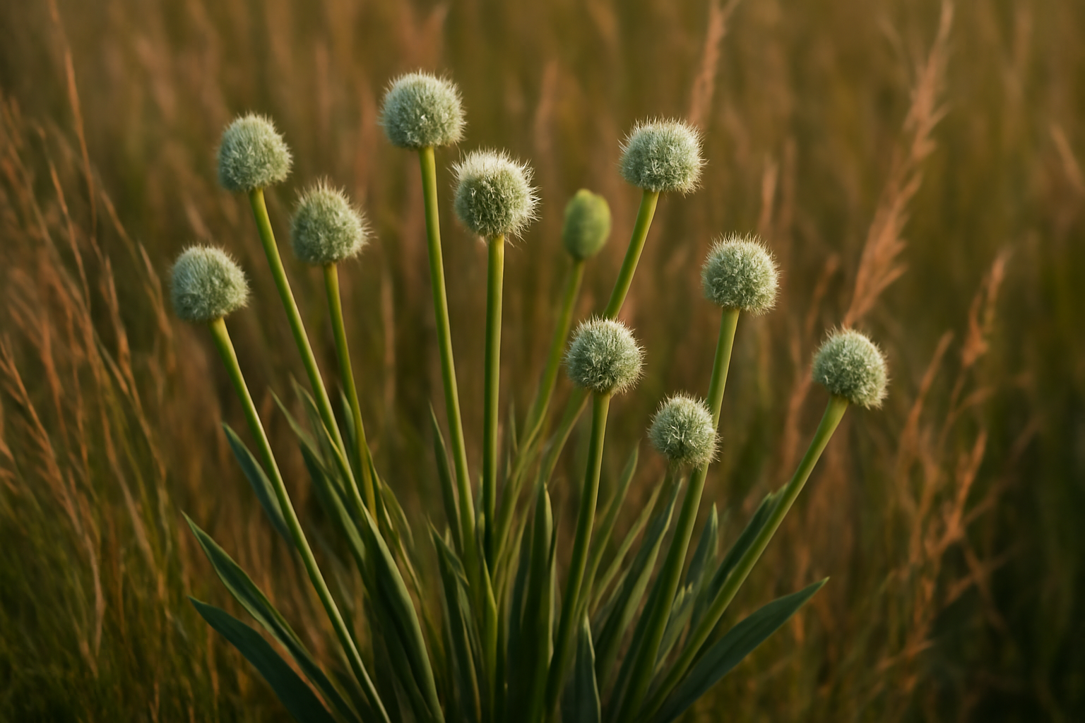 Rattlesnake master Eryngium yuccifolium with spiky greenish-white globe flowers and yucca-like sword leaves in a native prairie planting
